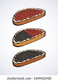 Tasty fat beluga spawn ikura on cut rye bake bun background. Bright color hand drawn logo sign icon symbol sketch in vintage art doodle graphic cartoon style pen on white space for text. Closeup view
