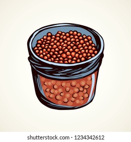 Tasty fat raw osetra spawn ikura oil conserve on white background. Bright orange color hand drawn wealth sandwich menu tin logo sign emblem in vintage art doodle style. Closeup view on space for text