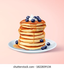 Tasty and fluffy pancake stack with maple syrup, butter and blue berries, 3d illustration svg