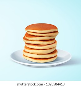 Tasty and fluffy pancake stack on white plate, isolated on blue background, 3d illustration
