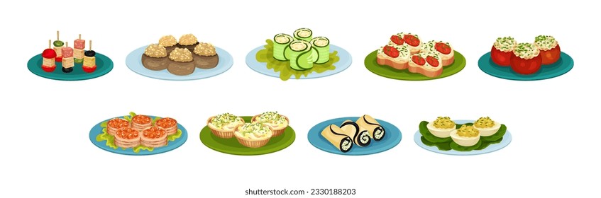 Tasty Food and Appetizer Served on Plate Vector Set