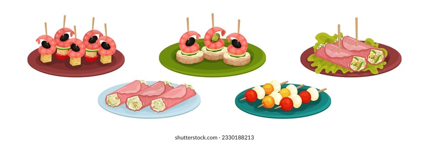Tasty Food and Appetizer Served on Plate Vector Set