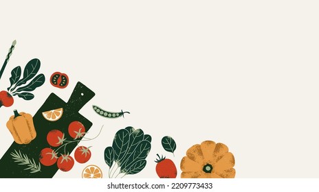 Tasty food background. Pumpkin with spinach and pepper. Food ingredients. Vector illustration.