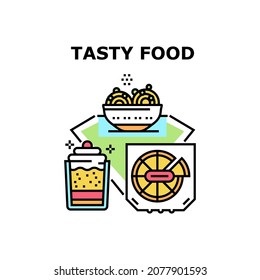 Tasty Food Dish Vector Icon Concept. Fat Pizza Package And Creamy Dessert Tasty Food Dish. Delicious Cooked Meal And Confectionery Product. Lunch And Dinner Nutrition Color Illustration