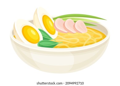 Tasty food dishes for breakfast. Noodles with broth and boiled egg vector illustration