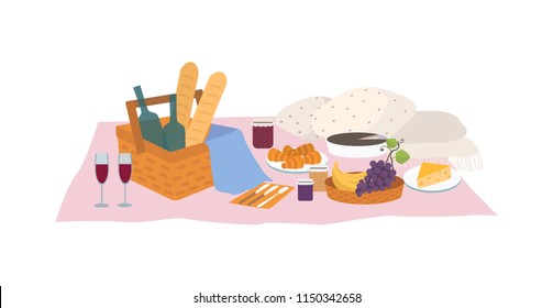 Tasty food and drinks lying in basket and on blanket isolated on white background. Delicious meals and wine for outdoor dinner or picnic. Bright colored vector illustration in flat cartoon style.