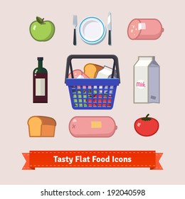 Tasty food flat icon set. Bag full of groceries concept. EPS10 vector.