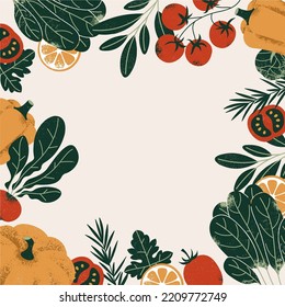 Tasty food frame background. Pumpkin with spinach and pepper. Food ingredients. Vector illustration.