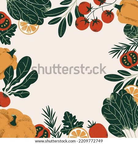 Tasty food frame background. Pumpkin with spinach and pepper. Food ingredients. Vector illustration.