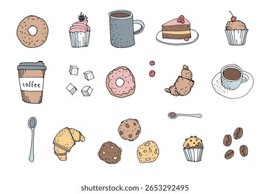 Tasty food icons collection. Delicious sweets pastries beverage set hand drawn style. Cafe restaurant bakery menu advertisement recipe book. Sketchy style isolated white background vector