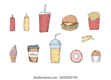 Illustration d'icônes de nourriture savoureuse. Délicieux fast food ligne doodle croquis frites milkshake crème glacée café. Restaurant café menu livraison blog design. Isolé sur Image vectorielle blanche graphique.