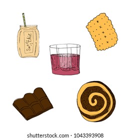 Tasty food icons set in hand drawn style. For print, package, menu. Vector illustration