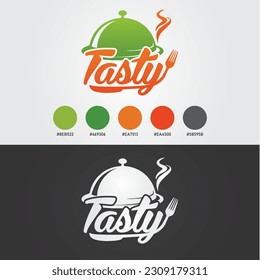 Tasty Food lettering word for sticker, decor, print. Modern stylized typography, Cooking logo. Icon or symbol for design menu restaurant. Vector illustration, tasty for overlay, banner, poster