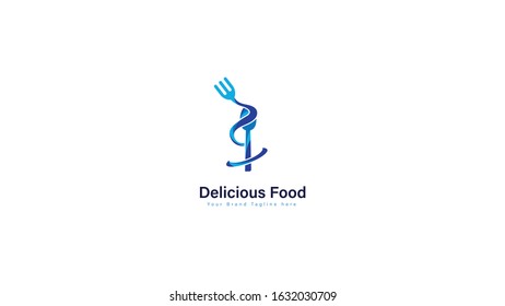 tasty food logo with the concept of drawing a spoon and fork in a 3D blue mix