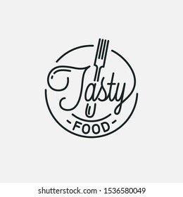 Tasty food logo. Round linear logo of plate and fork on white background