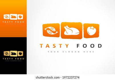 Tasty food logo vector. Fish, chicken and vegetables design. Grocery store logo.