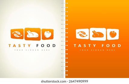 Tasty food logo vector. Fish, chicken and vegetables design. Grocery store logo