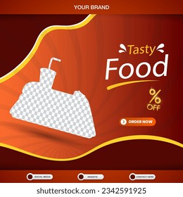 tasty food menu square banner for social media post with copy space frame for food sale with abstract gradient red and orange background design