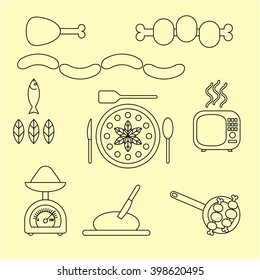 Tasty food and misc kitchenware utensil icon set. Modern thin line style illustration. For restaurant and cafe design 