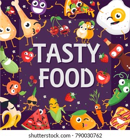 Tasty food - modern colorful vector illustration on purple background. High quality poster with funny characters, chicken, fried egg, carrot, pear, cherry, pizza, strawberry, plum, toast, onion, mango