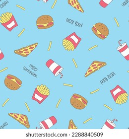 tasty food pattern with burger, fries and soda on blue background