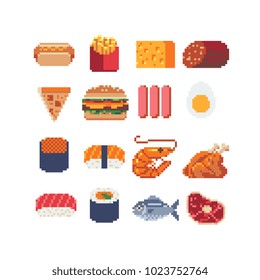 Tasty Food Pixel Art Icon Fast Food, Pizza, Hamburger, Sushi And Rolls, Meat, Fish, Sausage, Egg Isolated Vector Illustration Design For Stickers, Logo, Mobile App. Game Assets 8-bit Sprite Sheet. 