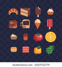 Tasty food pixel art icons set isolated vector flat illustration. Design stickers, logo, mobile app. Video game assets 80s 8-bit sprite sheet. Ice cream, sweets, coffee, buns, fast food, fruit icon.