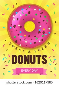 Tasty food poster. Donuts placard design with breakfast colored food bakery products desserts vector template