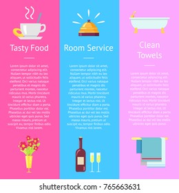 Tasty food, room service and clean towel set of posters. Vector illustration of hot drink, reception bell, bathtub icon, bouquet of flowers and wine