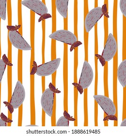 Tasty food seamless fruit pattern with pastel purple persimmon random ornament. Striped orange and white background. Designed for fabric design, textile print, wrapping, cover. Vector illustration.
