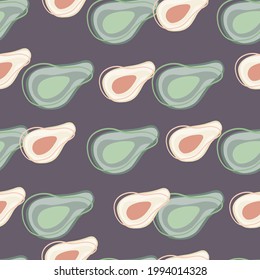 Tasty food seamless pattern with abstract avocado doodle silhouettes. Pastel purple background. Decorative backdrop for fabric design, textile print, wrapping, cover. Vector illustration.