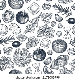 Tasty food seamless pattern. Basil with tomato and pasta elements. Vintage engraved illustration. Italian ingredients.