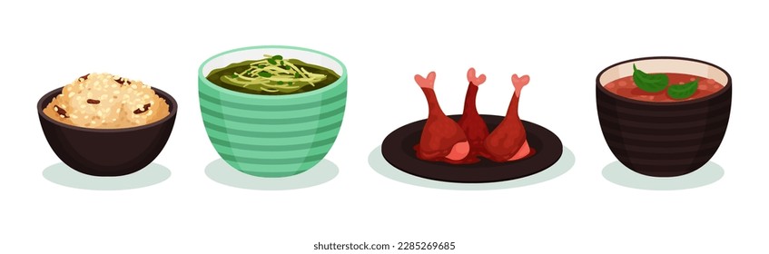 Tasty Food and Served Appetizing Meal Vector Set