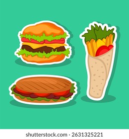 Tasty Food Set illustration with burger sandwich and wrap on a green background