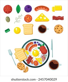 Ilustración vectorial de juego de comida sabrosa. Desayuno de cereales aislado de la historieta con la fruta en el tazón, huevos, tomates, queso, aceitunas, hierbas aromáticas, mantequilla grasa, hojas de menta, salchichas, magdalenas, café, tocino