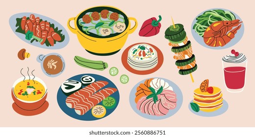 Tasty food set vector illustration. A vibrant collection with a variety of delicious dishes. Ideal for magazines, diaries, albums, scrapbooks.