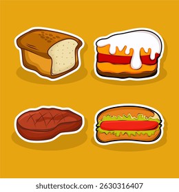 Tasty Food Set Vector Illustration Cartoon Items Bread Steak Cake and Hotdog
