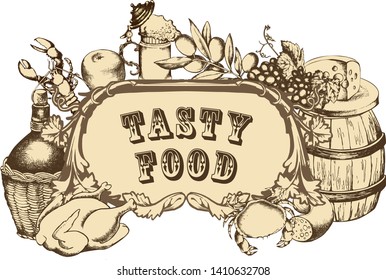 TASTY FOOD. vector illustration. engraved style