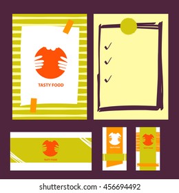 Tasty food vector logo. Flyer and banner, invitation with conceptual dish, plate. Logotype for corporate identity premium bar, restaurant, cafe menu on color background. 