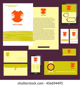 Tasty food vector logo. Flyer and banner, invitation with conceptual dish, plate. Logotype for corporate identity premium bar, restaurant, cafe menu on color background. 