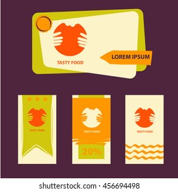 Tasty food vector logo. Flyer and banner, invitation with conceptual dish, plate. Logotype for corporate identity premium bar, restaurant, cafe menu on color background. 