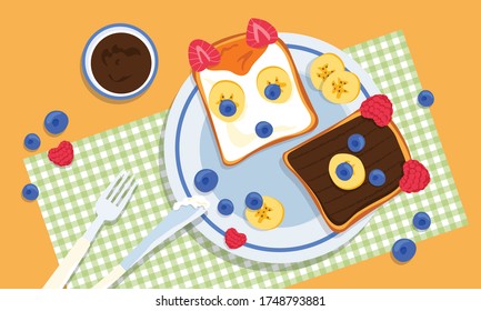 Tasty fox and bear shaped toasts with banana, raspberry, blueberries, peanut butter and honey made by loving parents