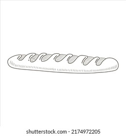 Tasty french baguette in hand drawn black and white style isolated on whte background, bakery themed element