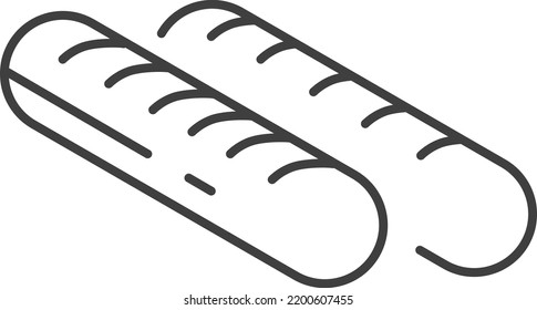 Tasty French baguettes, isolated bakery shop products. Grocery store assortment, loaf of long bread for snacks or dieting and nutrition. Minimalist icon, simple line art vector in flat style