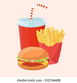 Tasty french fries, cold drink and a hamburger. Fast food icon.