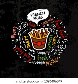Tasty French fries, fast food poster. Vector color flat illustration for poster, label and menu cafe fast food.