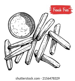 Tasty French fries with sauce. Sketch style hand drawn illustration