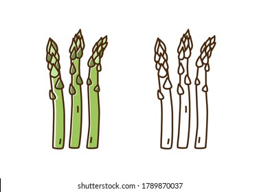 Tasty fresh asparagus monochrome and color set vector flat illustration. Natural dietary edible plant in line art style isolated on white. Cute icon of organic vegetable for healthy nutrition