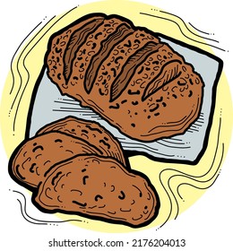 Tasty fresh bread from oven. Healthy food to every day dish. For bakery shop logo, cafe poster, restaurant menu. Hand drawn vector illustration. Cartoon retro vintage line style drawing.