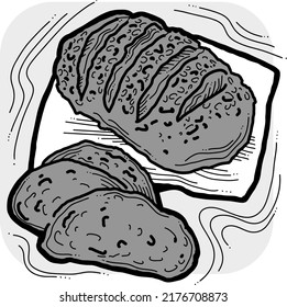 Tasty fresh bread from oven. Healthy food to every day dish. For bakery shop logo, cafe poster, restaurant menu. Hand drawn vector illustration. Cartoon retro vintage line style drawing.